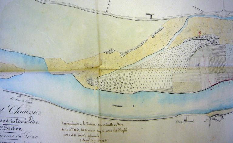 Plan de l'île Charlemagne et de ses abords par l'ingénieur en chef Floucaud, 13 novembre 1841. Détail. (archives départementales du Loiret, Liasse 46880).