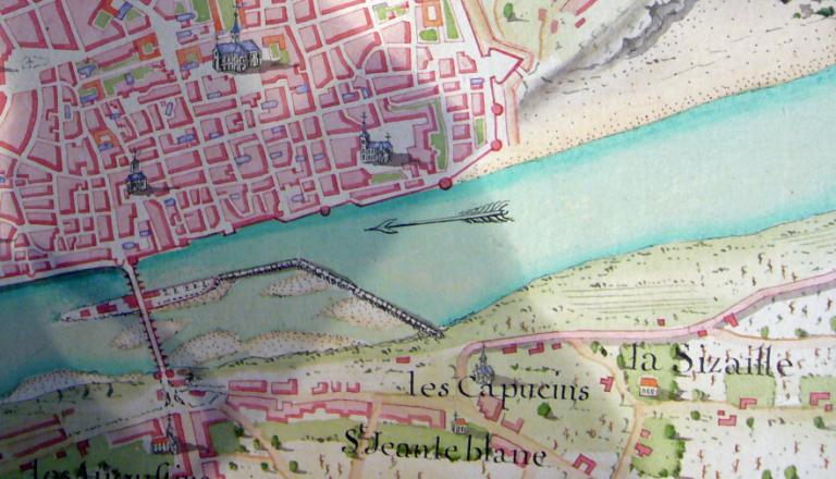 Carte du cours de la Loire depuis Orléans en remontant jusqu'à Decize, levée en 1727-1730 sous la conduite du sieur Mathieu. Détail. (école nationale des Ponts-et-Chaussées, Folio 4969).