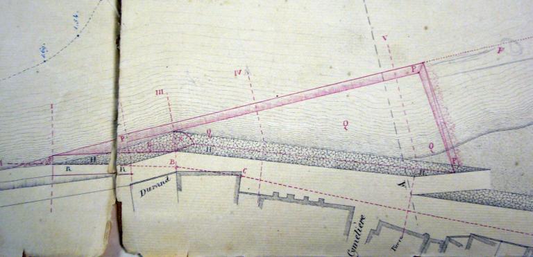 Plan de la Loire, du quai et des abords de la ville de Meung annexé au projet des ouvrages à exécuter pour la construction d'un bas-port, par l'ingénieur Floucaud, 28 octobre 1841. Détail. (archives départementales du Loiret, 2 S 76).