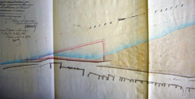 Plan du projet d'amélioration du port de Meung par l'ingénieur ordinaire Delaitre, 27 août 1846. Détail. (archives départementales du Loiret, 2 S 76).