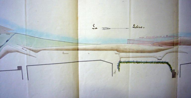 Plan de l'ancienne cale de Belle Croix et du projet d'une nouvelle cale un peu plus en aval par l'ingénieur ordinaire, le 7 décembre 1854. Plan exécuté suite à la demande du sieur Bazonnière en date du 15 janvier 1854.