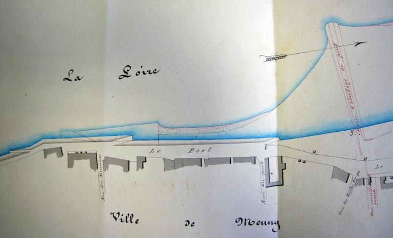 Extrait du plan cadastral napoléonien de 1829 sur lequel on a ajouté en pointillés l'état de 1865, par l'ingénieur ordinaire Sainjon, 27 janvier 1865. (archives départementales du Loiret, 2 S 76).