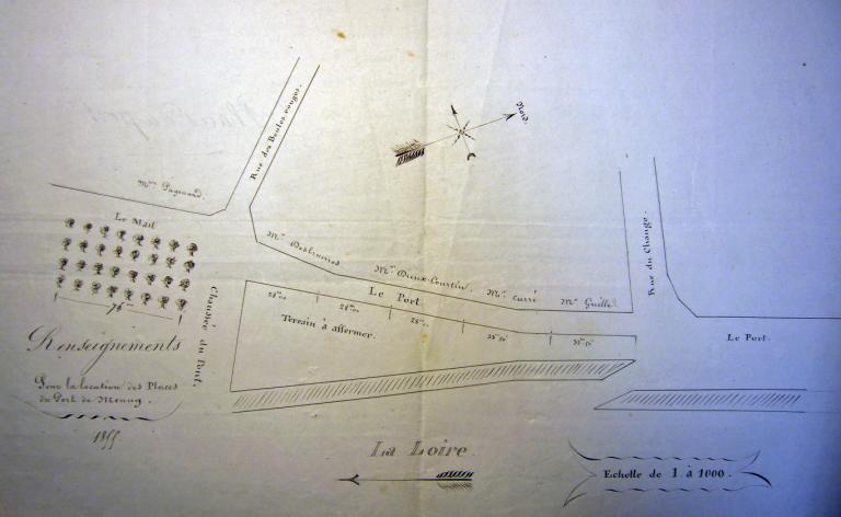 Plan pour la location des places du port de Meung (partie du port située immédiatement en amont du pont), 1855. (archives municipales de  Meung-sur-Loire, 2 L 25).