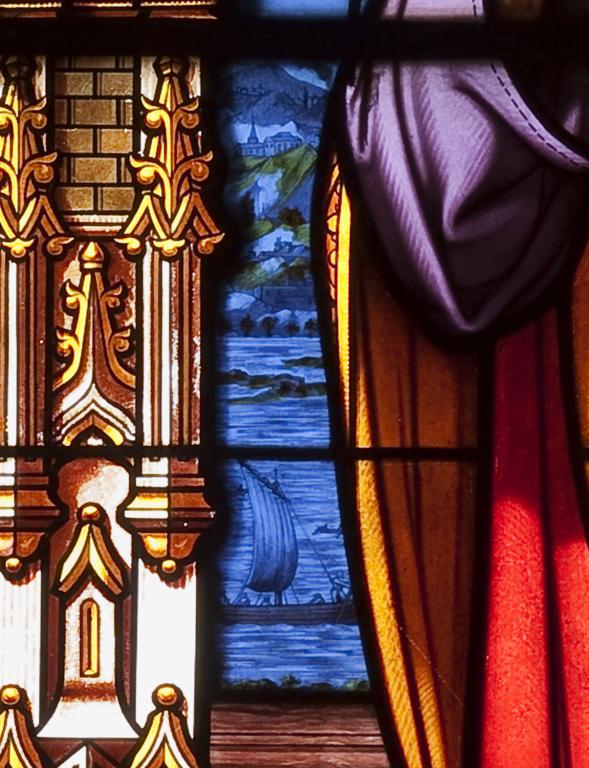Dans l'église paroissiale, vitrail du choeur représentant Saint Nicolas réalisé par l'atelier Lobin de Tours en 1869. Détail.