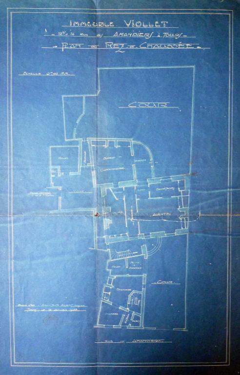 Relevé de l'immeuble Viollet : plan du rez-de-chaussée, 18 janvier 1923. (archives municipales de Tours, 1 M 26).