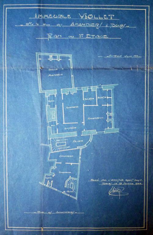 Relevé de l'immeuble Viollet : plan du premier étage, 18 janvier 1923. (archives municipales de Tours, 1 M 26).