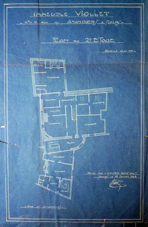 Relevé de l'immeuble Viollet : plan du deuxième étage, 18 janvier 1923. (archives municipales de Tours, 1 M 26).