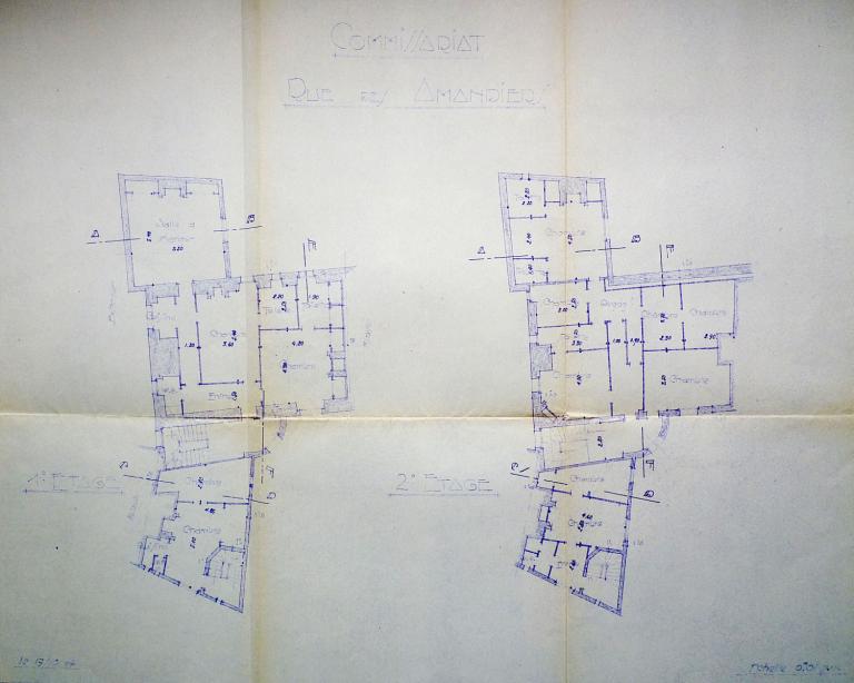 Relevé de l'ancien commissariat : plans du premier et du deuxième étages, 19 octobre 1944. Amalric, L. (architecte).(archives municipales de Tours, 1 M 26).