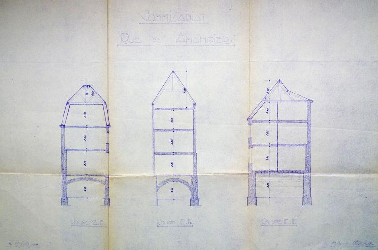 Relevé de l'ancien commissariat : coupes, 19 octobre 1944. Amalric, L. (architecte). (archives municipales de Tours, 1 M 26).