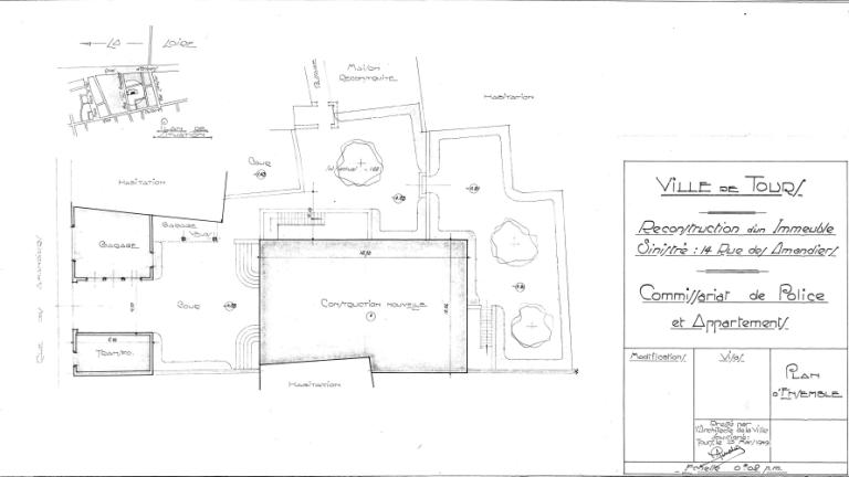 Reconstruction du commissariat : plan d'ensemble, 25 mars 1949. (archives municipales de Tours, 5 M, boîte 769).