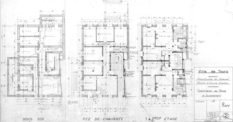Reconstruction du commissariat : plans du sous-sol, du rez-de-chaussée, des premier et deuxième étages, 25 mars 1949. (archives municipales de Tours, 5 M, boîte 769).