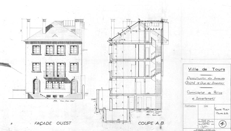 Reconstruction du commissariat : élévation de la façade principale et coupe, 25 mars 1949. (archives municipales de Tours, 5 M, boîte 769).
