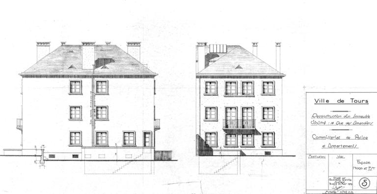 Reconstruction du commissariat : élévations des façades nord et est, 25 mars 1949. (archives municipales de Tours, 5 M, boîte 769).