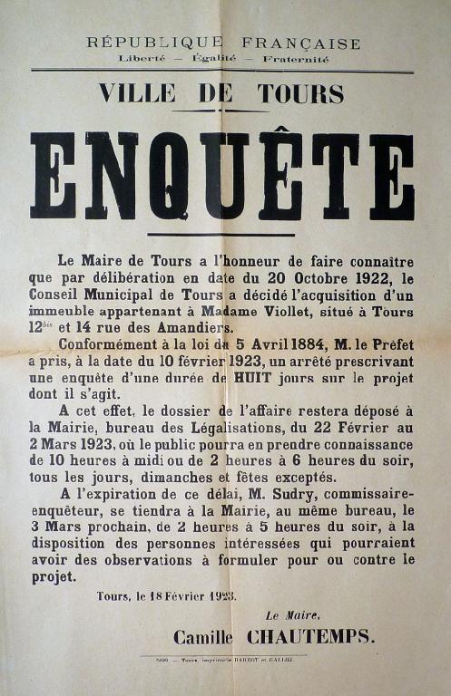 Avis municipal d'enquête, 18 février 1923. (archives municipales de Tours, 1 M 26).