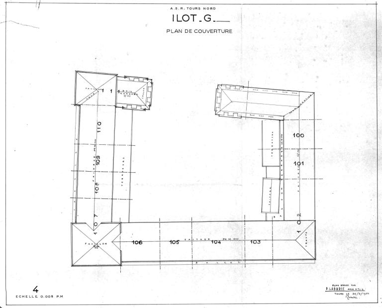 Plan de couverture, P. Labadie arch., 30 mars 1954. (archives municipales de Tours, Permis de construire 1954/n°522).