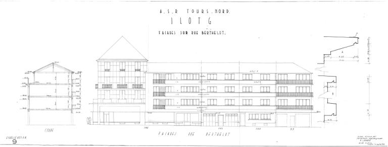 Coupe et élévation des façades rue Berthelot, P. Labadie arch., 30 juin 1954. (archives municipales de Tours, Permis de construire 1954/n°522).