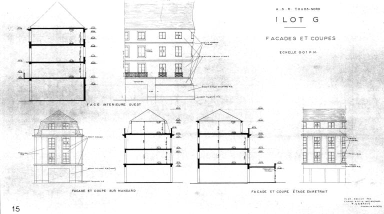 Elévations de façades diverses et coupes correspondantes, P. Labadie arch., 30 mars 1954. (archives municipales de Tours, Permis de construire 1954/n°522).