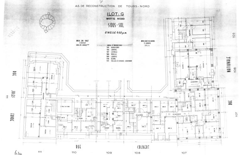 Plan du sous-sol (moitié nord), P. Labadie arch., [1954]. (archives municipales de Tours, Permis de construire 1954/n°522).