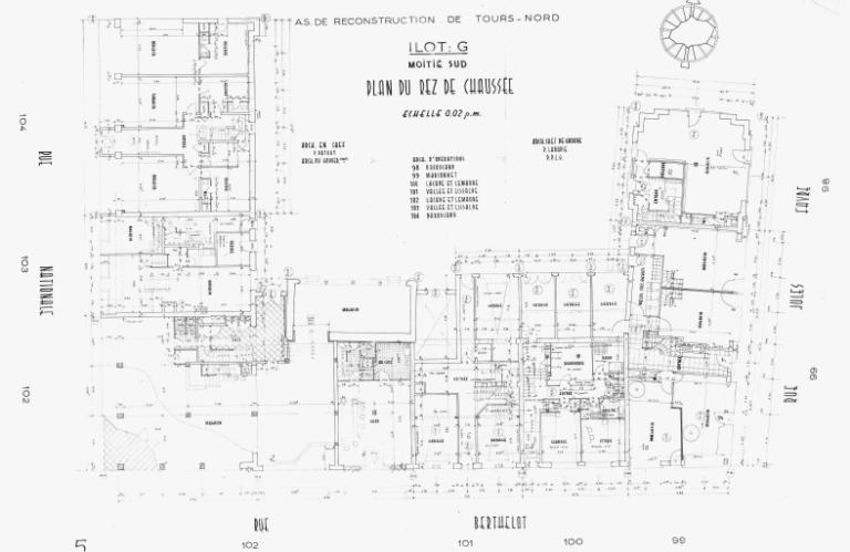 Plan du rez-de-chaussée (moitié sud), P. Labadie arch., [1954]. (archives municipales de Tours, Permis de construire 1954/n°522).
