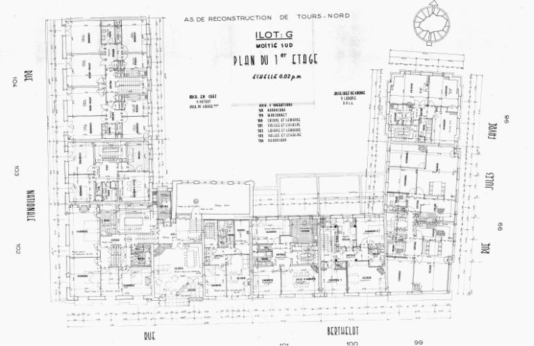Plan du premier étage (moitié sud), P. Labadie arch., [1954]. (archives municipales de Tours, Permis de construire 1954/n°522).