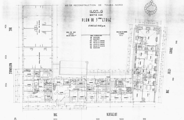 Plan du troisième étage (moitié sud), P. Labadie arch., [1954]. (archives municipales de Tours, Permis de construire 1954/n°522).