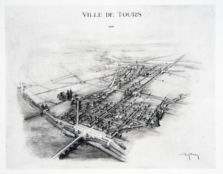 Elévation perspective de l'entrée nord reconstruite, J. Dorian arch., 1946. (archives municipales de Tours, 149 W 5). ; Elévation perspective des quartiers reconstruits, J. Dorian arch., 1946. (archives municipales de Tours, 149 W 5).