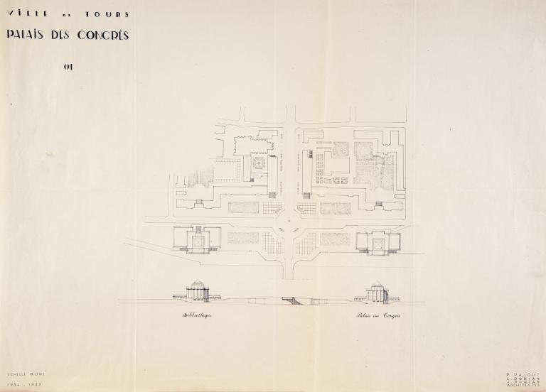 Plan masse de l'entrée nord, P. Patout, Ch. et J. Dorian arch., 1954-1959. (archives municipales de Tours, 149 W 23, S 994).