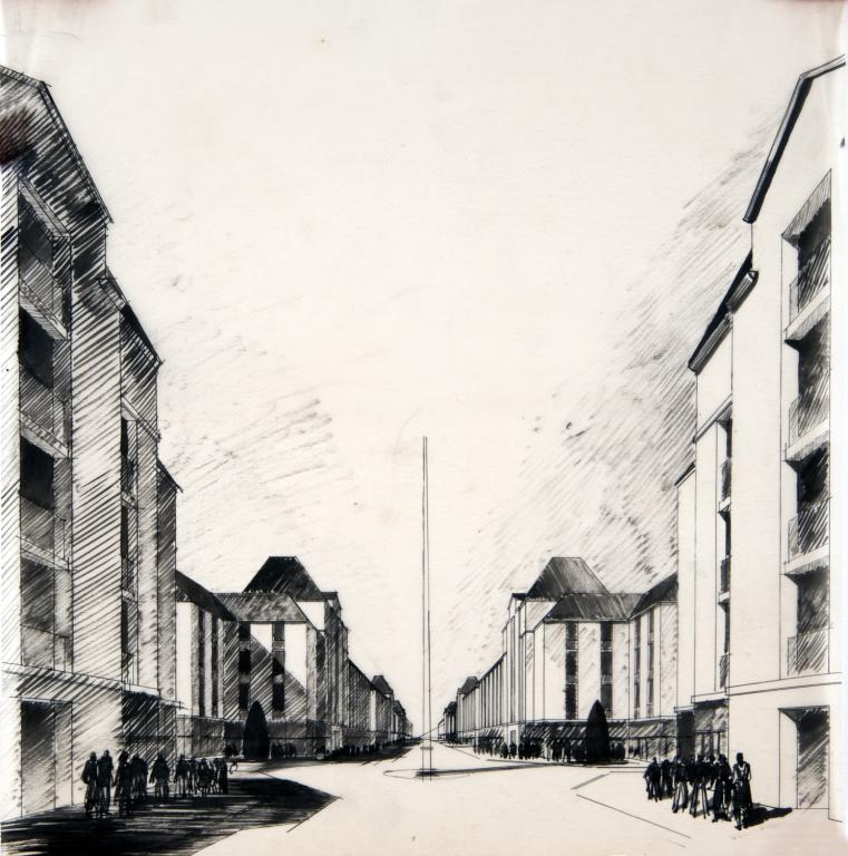 Etude pour une placette, vue perspective dans l'axe de la rue Nationale, P. Patout arch., [1947]. (archives municipales de Tours, 149 W 22, S 846).
