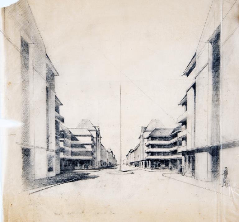 Etude pour une placette, vue perspective dans l'axe de la rue Nationale, P. Patout arch., [1947]. (archives municipales de Tours, 149 W 22, S 847).
