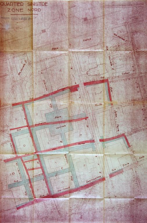 Plan superposant voiries ancienne et nouvelle, 1948. (archives municipales de Tours, 149 W 11).