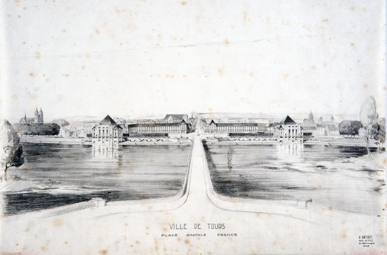 Projet d'entrée nord en perspective, P. Patout arch., 1948. (archives municipales de Tours, 149 W 22, S 770).