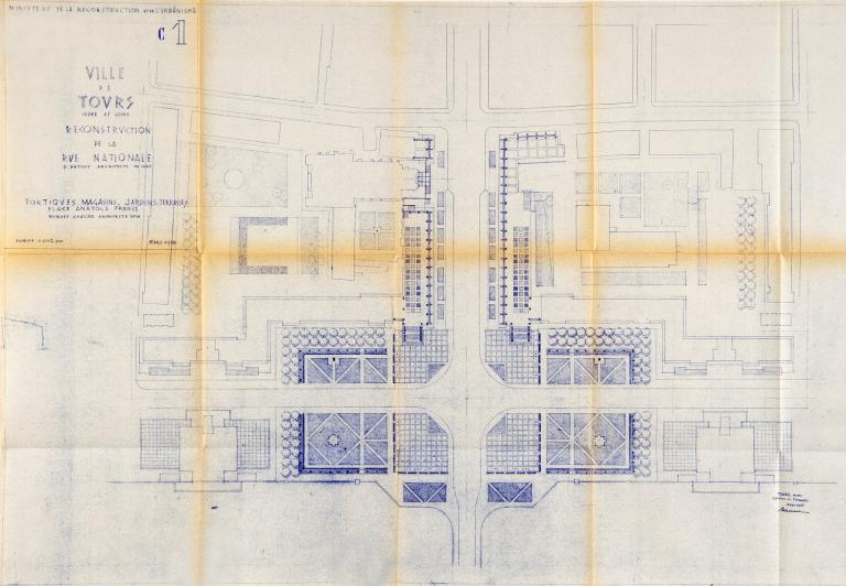 Plan d'aménagement des espaces verts de la place Anatole-France et des terrasses, R. Chaume arch., mars 1955. (archives municipales de Tours, 149 W 11).