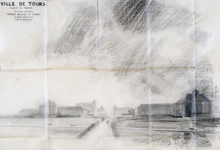Projet d'entrée nord en perspective, P. Patout et R. Chaume arch., 22 février 1951. (archives municipales de Tours, 149 W 21).