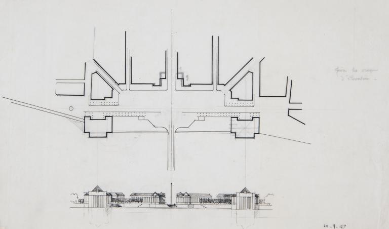 Plan masse et élévation de l'entrée nord, P. Patout arch., 10 septembre 1947. (archives municipales de Tours, 149 W 22, S 853).