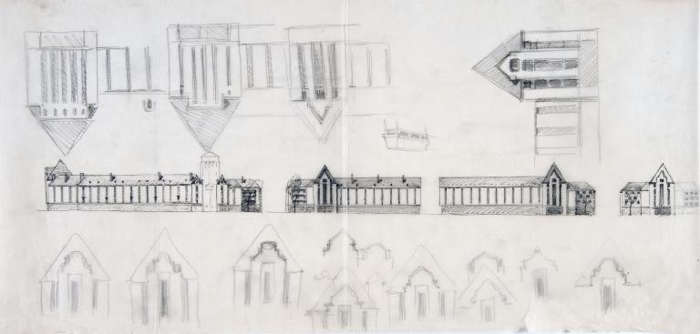 Etudes pour l'ordonnance de la rue Nationale : placettes et pavillons d'angle, P. Patout arch., [1947]. (archives municipales de Tours, 149 W 22, S 848).