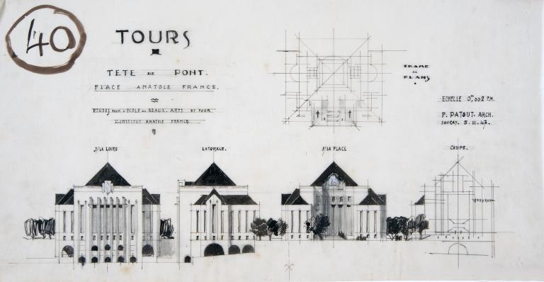 Etudes en élévation pour les pavillons de la tête de pont, P. Patout arch., 5 novembre 1947. (archives municipales de Tours, 149 W 23, S 765).