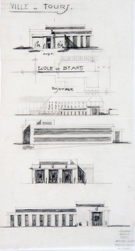 Projet d'école des beaux-arts : esquisses d'élévations, P. Patout arch., juillet 1955. (archives municipales de Tours, 149 W 22, S 950).