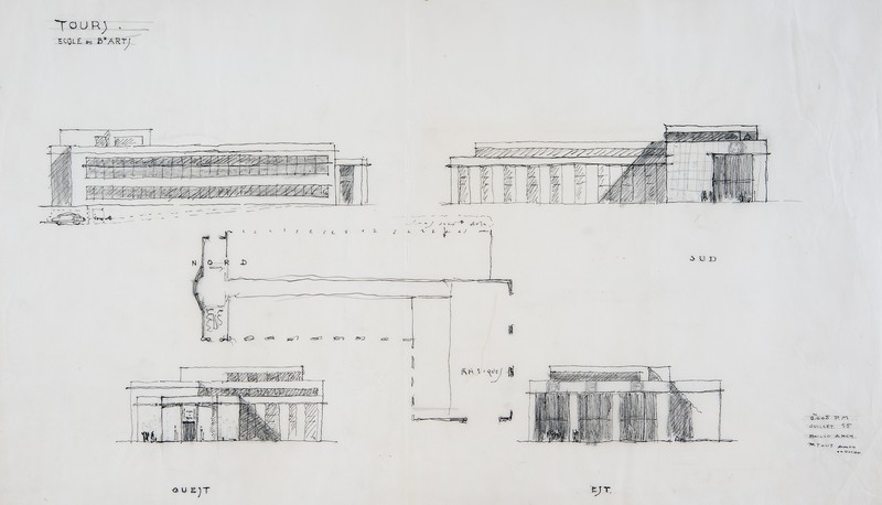 Projet d'école des beaux-arts : plan masse et élévations des façades, Patout et Boille arch., juillet 1955. (archives municipales de Tours, 149 W 22, S 948).