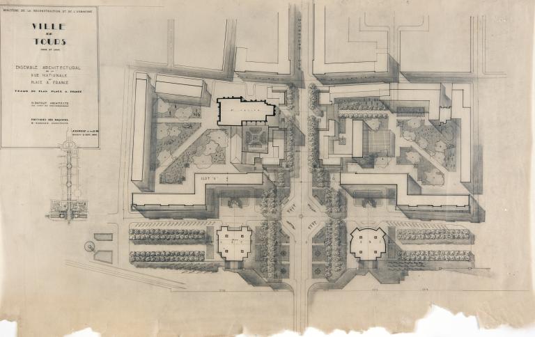 Plan masse de l'entrée nord, P. Patout et R. Chaume arch., 8 septembre 1950. (archives municipales de Tours, 149 W 21).