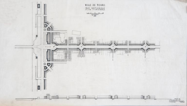 Plan d'ensemble de la rue Nationale : projet de placettes à pans coupés, P. Patout arch., novembre 1946. (archives municipales de Tours, 149 W 21, S 754).
