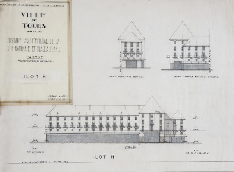 Elévations des façades ordonnancées : rue Nationale et retours sur rues de la Scellerie et Berthelot, P. Patout arch., 27 avril 1953. (archives municipales de Tours, 149 W 21, S 814). ; Elévations des façades ordonnancées de l'îlot H : rue Nationale et retours sur rues de la Scellerie et Berthelot, P. Patout arch., 27 avril 1953. (archives municipales de Tours, 149 W 21, S 814).