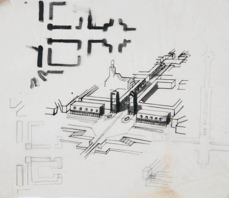 Esquisse en perspective de l'entrée nord, P. Patout arch., [1946]. (archives municipales de Tours, 149 W 21, S 889).