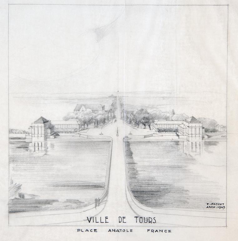 Projet d'entrée nord en perspective, P. Patout arch., 1949. (archives municipales de Tours, 149 W 22, S 767).