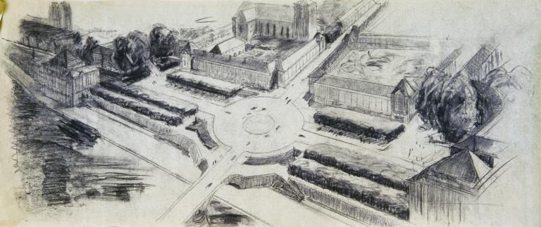 Esquisse en perspective de l'entrée nord, [L. Madeline arch.], [1948]. (archives municipales de Tours, 149 W 21, S 739).