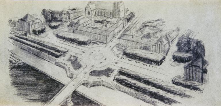 Esquisse en perspective de l'entrée nord, [L. Madeline arch.], [1948]. (archives municipales de Tours, 149 W 21, S 739).