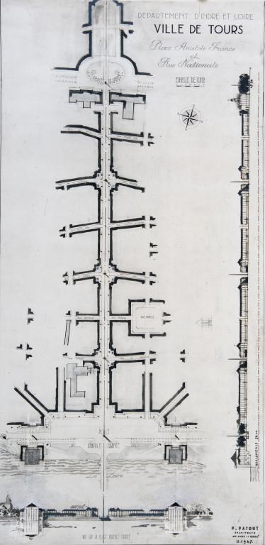 Plan d'aménagement de l'entrée nord et la rue Nationale, P. Patout arch., novembre 1947. (archives municipales de Tours, 149 W 21, S 783).