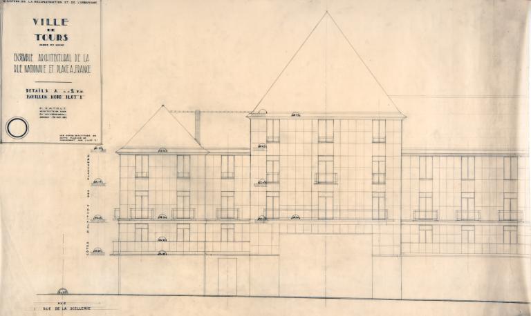 Elévation des façades ordonnancées à l'angle nord de l'îlot I, P. Patout arch., 10 octobre 1951. (archives municipales de Tours, 149 W 21, S 812). ; Elévation des façades rue Nationale à l'angle nord de l'îlot, P. Patout arch., 10 octobre 1951. (archives municipales de Tours, 149 W 21, S 812).