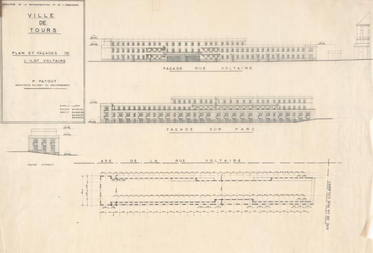 Plan et élévation de l'îlot Voltaire, P. Patout arch., 29 juin 1953. (archives municipales de Tours, 149 W 23, S 794).