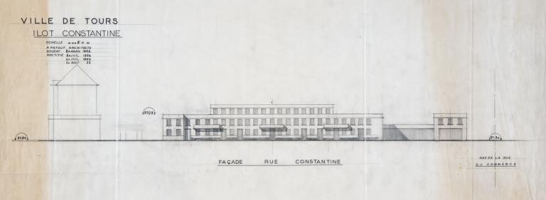Elévation des façades sur la rue Constantine, P. Patout arch., 30 août 1953. (archives municipales de Tours, 149 W 23, îlot Constantine, S 811).