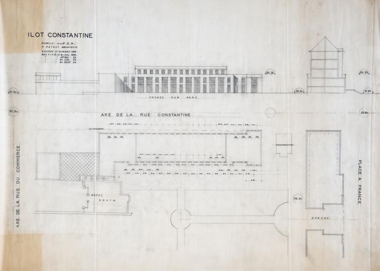 Plan masse et élévation des façades postérieures, P. Patout arch., 30 août 1953. (archives municipales de Tours, 149 W 23, îlot Constantine, S 810).